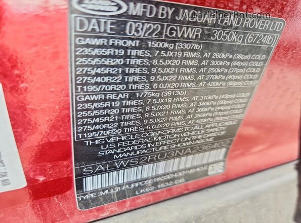 SALWS2RU3NA236402 2022 LAND ROVER RANGE Темно-бордовый 