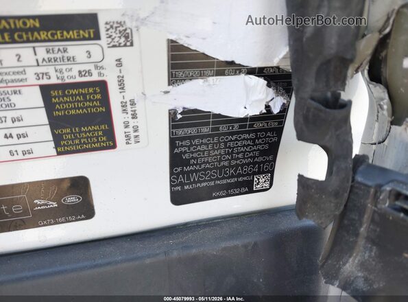 SALWS2SU3KA864160 2019 LAND ROVER RANGE ROVER SPORT White Vista del compartimento del motor