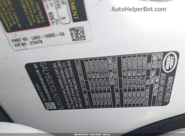 SALYB2EX2LA270479 2020 LAND ROVER RANGE ROVER VELAR White Widok komory silnika