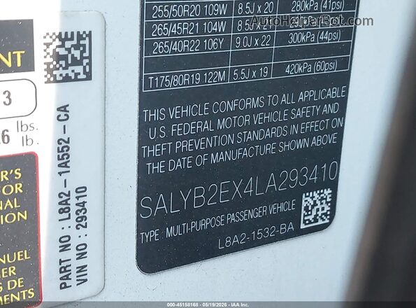 SALYB2EX4LA293410 2020 LAND ROVER RANGE ROVER VELAR Белый Вид подкапотного пространства