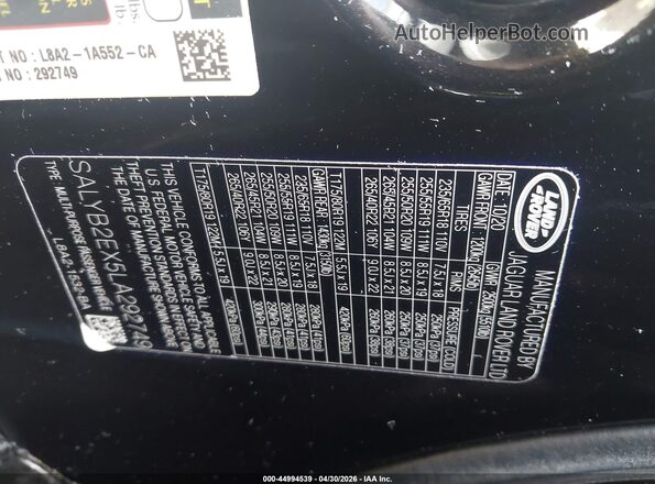 SALYB2EX5LA292749 2020 LAND ROVER RANGE ROVER VELAR Черный 
