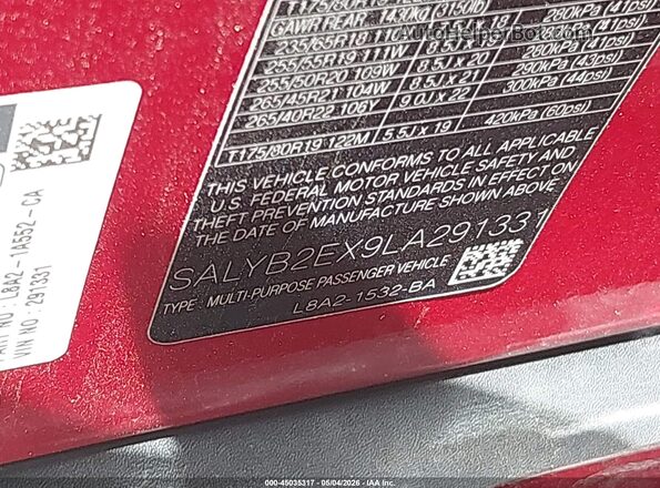 SALYB2EX9LA291331 2020 LAND ROVER RANGE ROVER VELAR Red Շարժիչի բաժամունքի տեսք