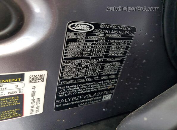 SALYB2FV9LA277619 2020 LAND ROVER RANGE Silver Вид підкапотного простору