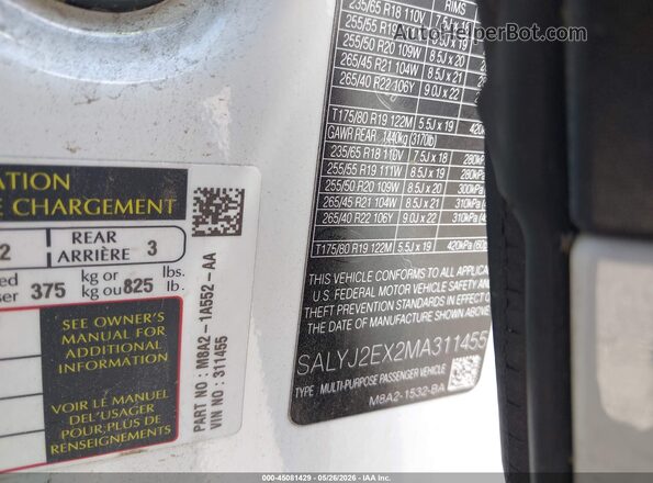 SALYJ2EX2MA311455 2021 LAND ROVER RANGE ROVER VELAR White Vista del compartimento del motor