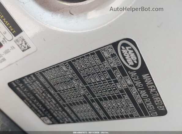 SALYJ2EXXNA334368 2022 LAND ROVER RANGE ROVER VELAR White Vista del compartimento del motor