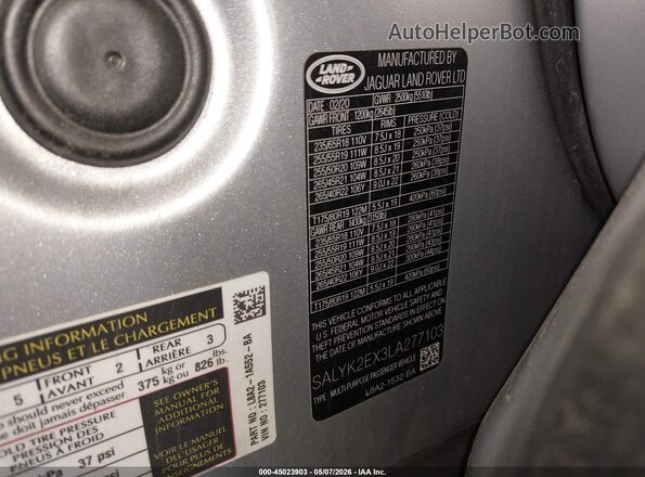 SALYK2EX3LA277103 2020 LAND ROVER RANGE ROVER VELAR Серебряный Вид подкапотного пространства