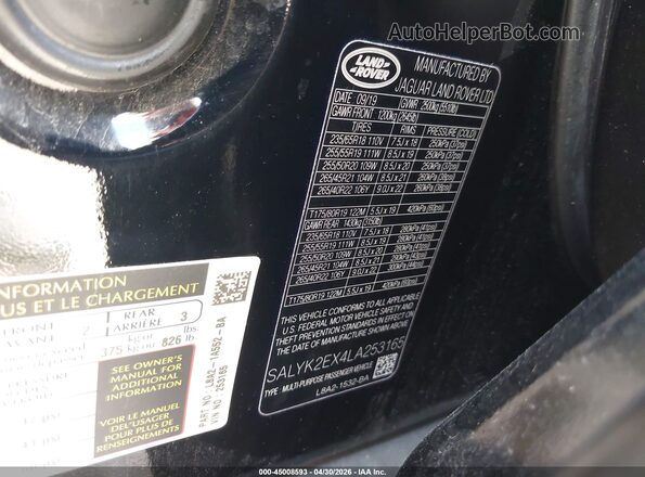SALYK2EX4LA253165 2020 LAND ROVER RANGE ROVER VELAR Black Շարժիչի բաժամունքի տեսք