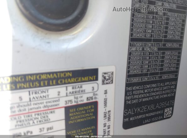 SALYK2EX8LA265478 2020 LAND ROVER RANGE ROVER VELAR White Vista del compartimento del motor