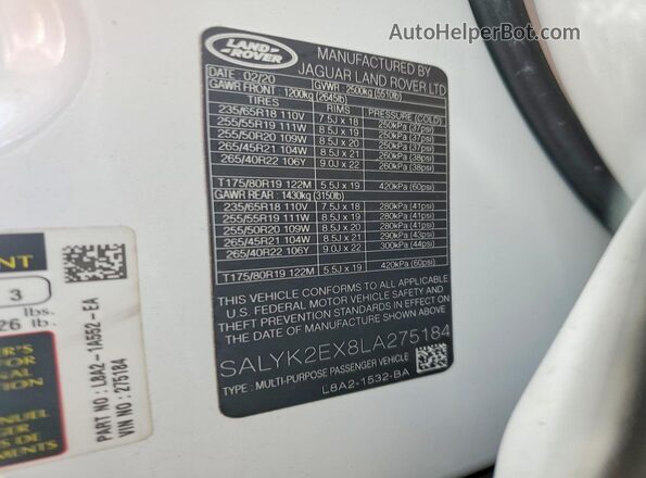SALYK2EX8LA275184 2020 LAND ROVER RANGE White 