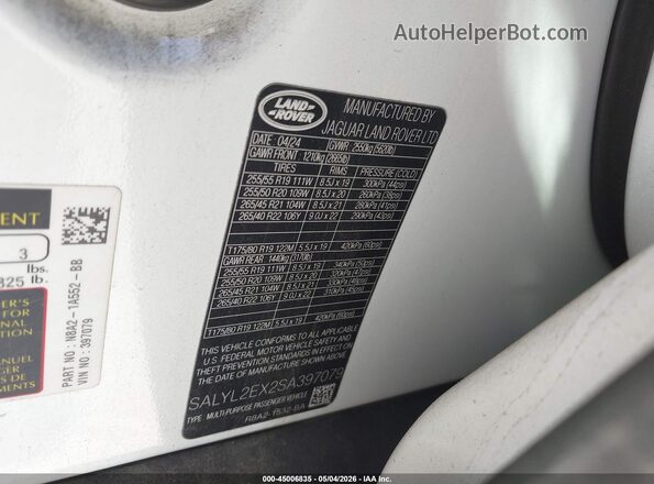 SALYL2EX2SA397079 2025 LAND ROVER RANGE ROVER VELAR White Vista del compartimento del motor