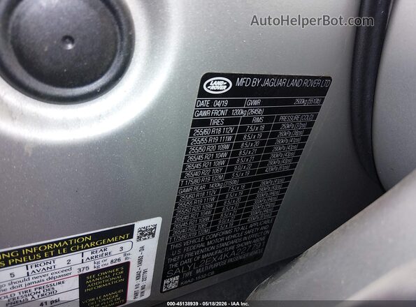 SALYL2EX4KA227791 2019 LAND ROVER RANGE ROVER VELAR Silver ძრავის განყოფილების ხედი