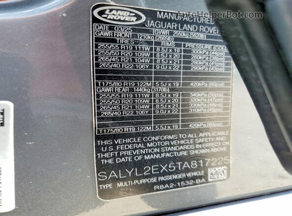 SALYL2EX5TA817225 2026 LAND ROVER RANGE Gray Vista de la etiqueta del VIN