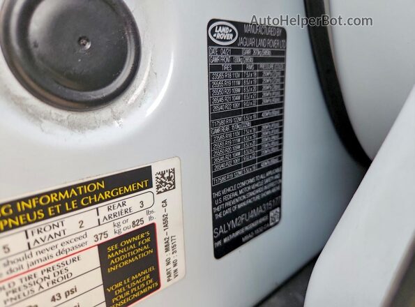 SALYM2FU4MA315177 2021 LAND ROVER RANGE White 
