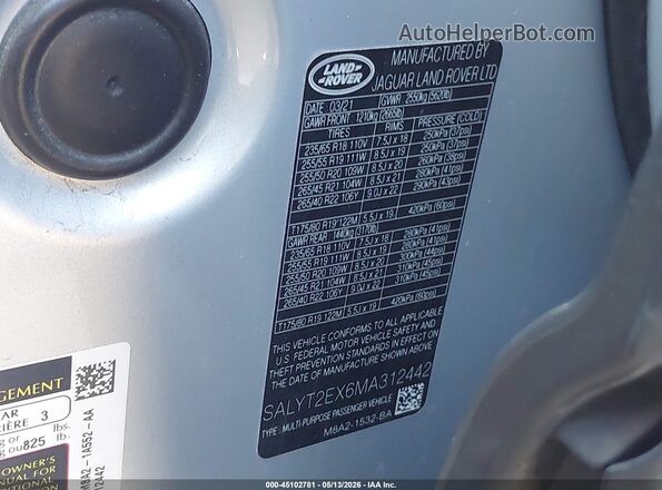 SALYT2EX6MA312442 2021 LAND ROVER RANGE ROVER VELAR Silver Vista del compartimento del motor