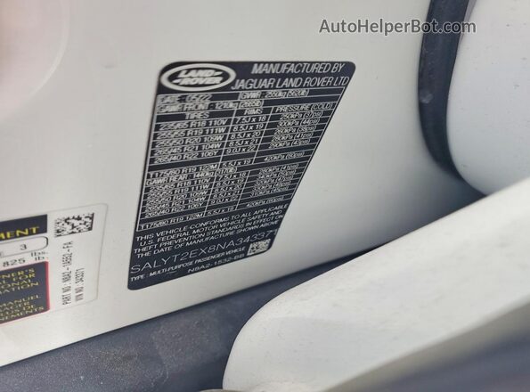 SALYT2EX8NA343371 2022 LAND ROVER RANGE White VIN կոդի պիտակի տեսք