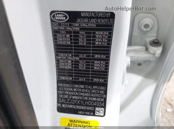 SALZJ2FX1LH004934 2020 LAND ROVER RANGE ROVER EVOQUE Белый Вид подкапотного пространства