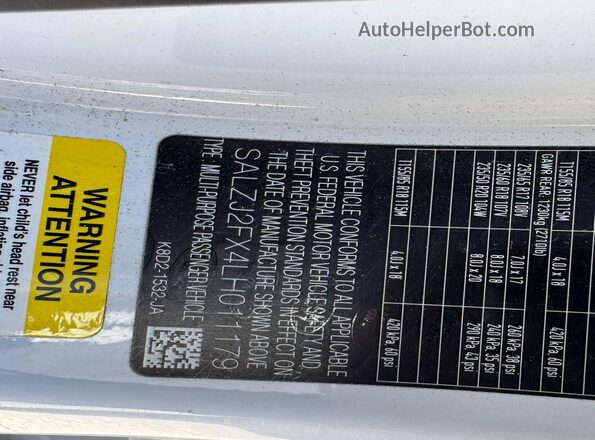 SALZJ2FX4LH011179 2020 LAND ROVER RANGE ROVER EVOQUE White Շարժիչի բաժամունքի տեսք