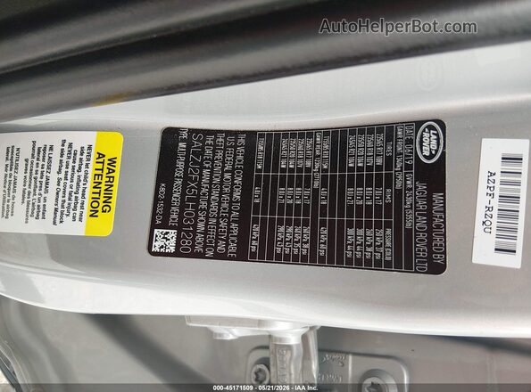 SALZJ2FX5LH031280 2020 LAND ROVER RANGE ROVER EVOQUE Silver ძრავის განყოფილების ხედი