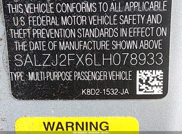 SALZJ2FX6LH078933 2020 LAND ROVER RANGE ROVER EVOQUE Silver Widok komory silnika