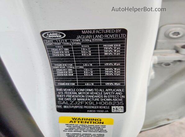 SALZJ2FX9LH068235 2020 LAND ROVER RANGE White 