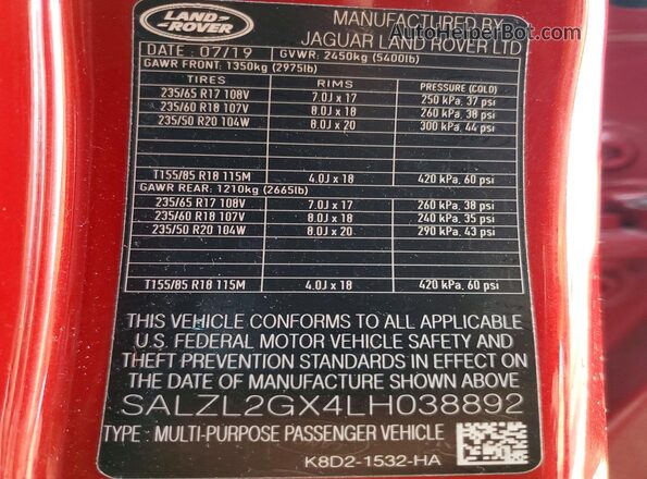 SALZL2GX4LH038892 2020 LAND ROVER RANGE Red 