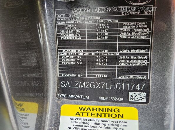 SALZM2GX7LH011747 2020 LAND ROVER RANGE Charcoal 