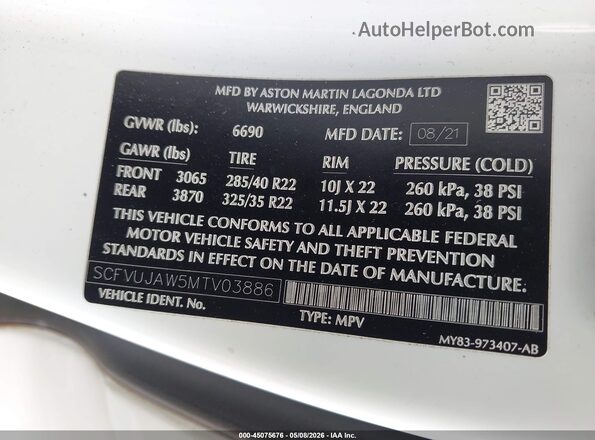 SCFVUJAW5MTV03886 2021 ASTON MARTIN DBX Белый Вид подкапотного пространства