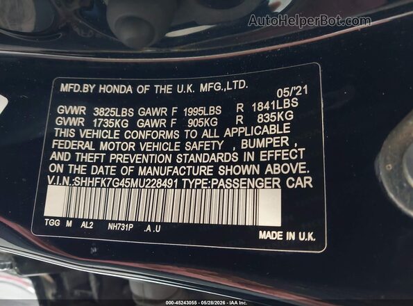 SHHFK7G45MU228491 2021 HONDA CIVIC Black Вид підкапотного простору