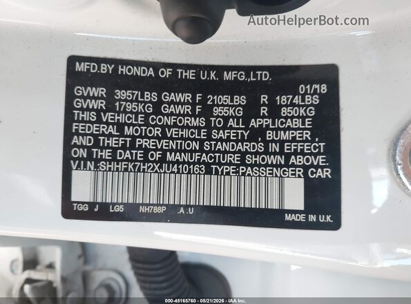 SHHFK7H2XJU410163 2018 HONDA CIVIC White Engine compartment view