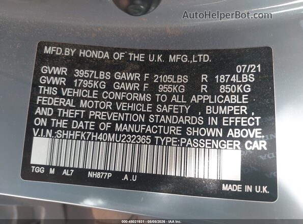 SHHFK7H40MU232365 2021 HONDA CIVIC Gray Вид підкапотного простору