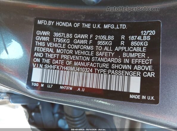 SHHFK7H40MU410324 2021 HONDA CIVIC Серый Вид подкапотного пространства