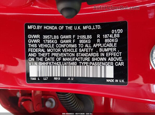 SHHFK7H42LU415460 2020 HONDA CIVIC Red Engine compartment view