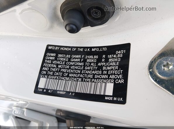 SHHFK7H42MU224736 2021 HONDA CIVIC White Vista del compartimento del motor
