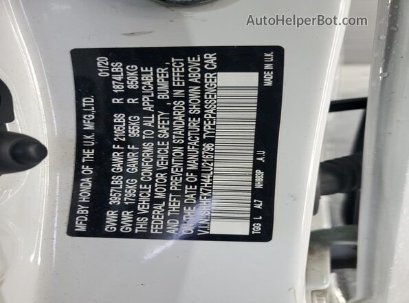 SHHFK7H44LU216796 2020 HONDA CIVIC White Вид підкапотного простору
