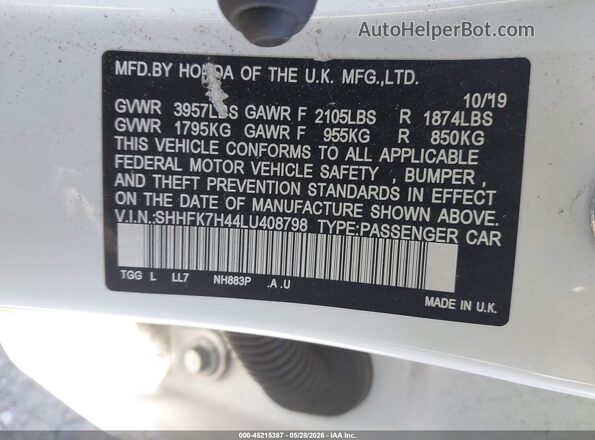 SHHFK7H44LU408798 2020 HONDA CIVIC Белый Вид подкапотного пространства