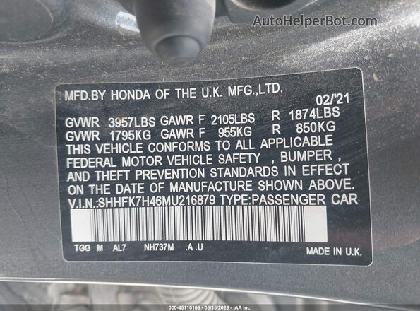 SHHFK7H46MU216879 2021 HONDA CIVIC Gray Շարժիչի բաժամունքի տեսք