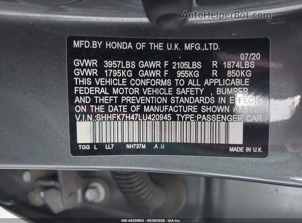 SHHFK7H47LU420945 2020 HONDA CIVIC Gray ძრავის განყოფილების ხედი