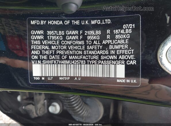 SHHFK7H48MU425783 2021 HONDA CIVIC Black 