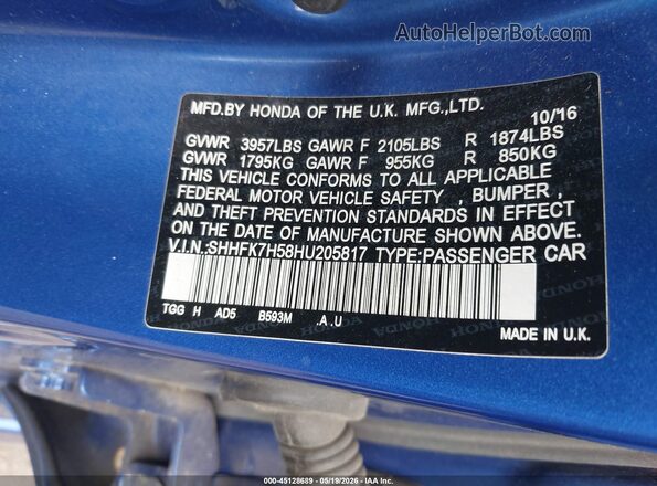 SHHFK7H58HU205817 2017 HONDA CIVIC Blue 