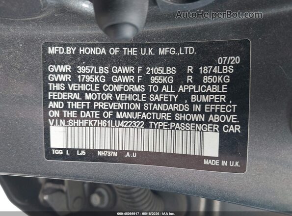 SHHFK7H61LU422322 2020 HONDA CIVIC Серый Вид подкапотного пространства