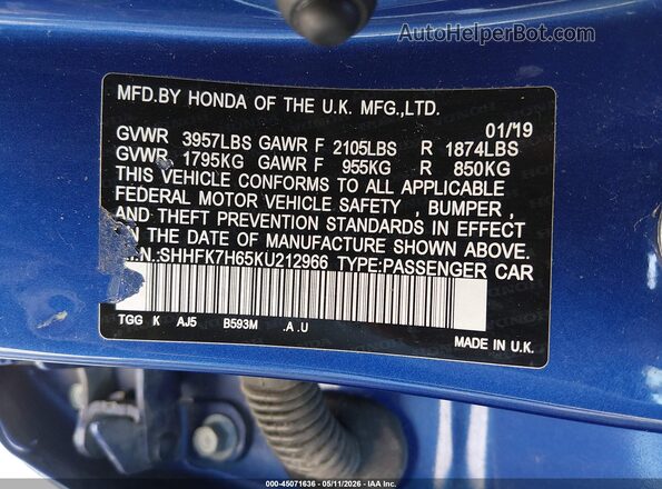 SHHFK7H65KU212966 2019 HONDA CIVIC Blue Vista del compartimento del motor