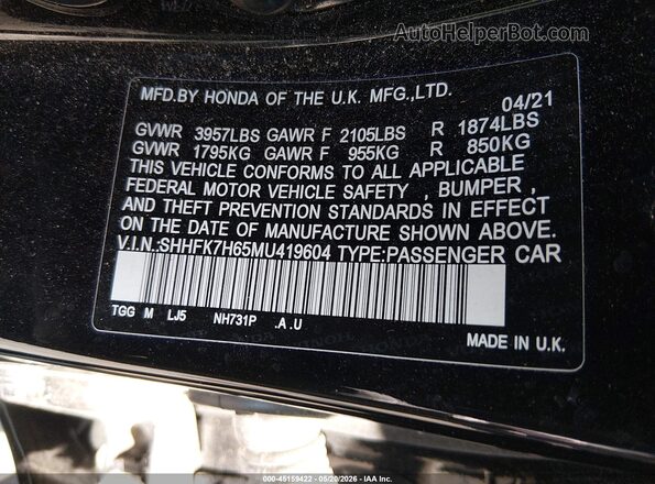 SHHFK7H65MU419604 2021 HONDA CIVIC Black Widok komory silnika