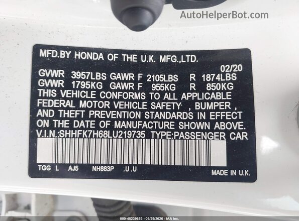 SHHFK7H68LU219735 2020 HONDA CIVIC White Widok komory silnika