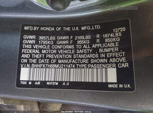 SHHFK7H68MU211474 2021 HONDA CIVIC Gray Widok komory silnika