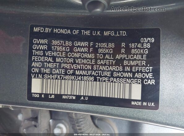 SHHFK7H69KU418596 2019 HONDA CIVIC Gray Engine compartment view