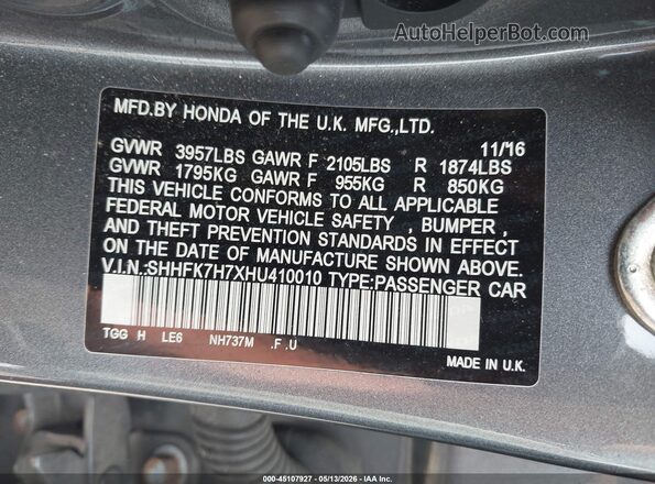 SHHFK7H7XHU410010 2017 HONDA CIVIC Gray Widok komory silnika