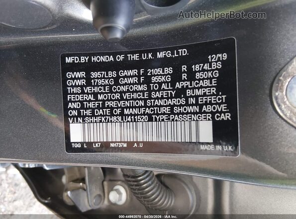 SHHFK7H83LU411520 2020 HONDA CIVIC Gray Widok komory silnika