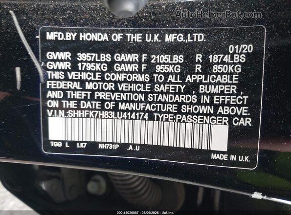SHHFK7H83LU414174 2020 HONDA CIVIC Черный Вид подкапотного пространства