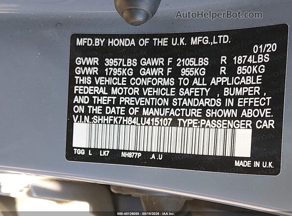 SHHFK7H84LU415107 2020 HONDA CIVIC Navy Вид підкапотного простору