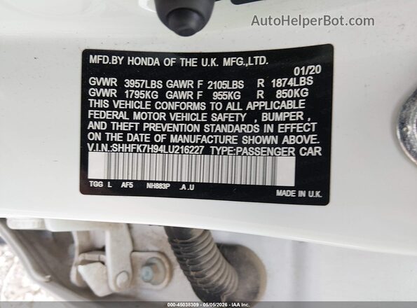 SHHFK7H94LU216227 2020 HONDA CIVIC White Вид підкапотного простору